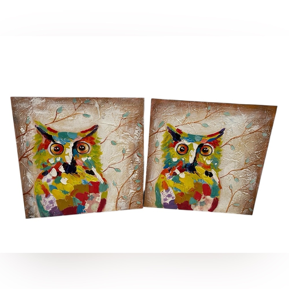 Colorful Textured Owl Canvas Wall Art Set ~ 16” x 16”